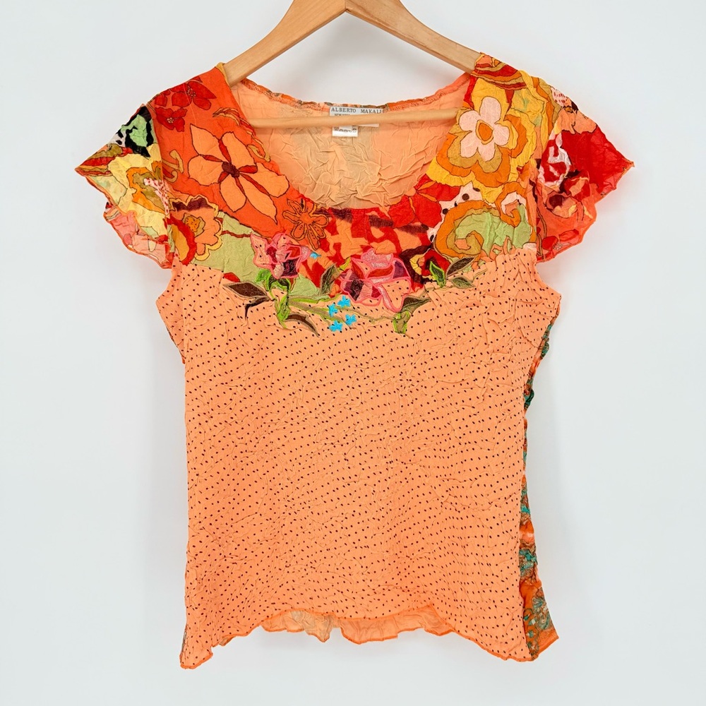 Alberto Makali Y2K Silk Look Orange Floral Crinkle Mesh Top Blouse Large L Boho - Picture 2 of 15